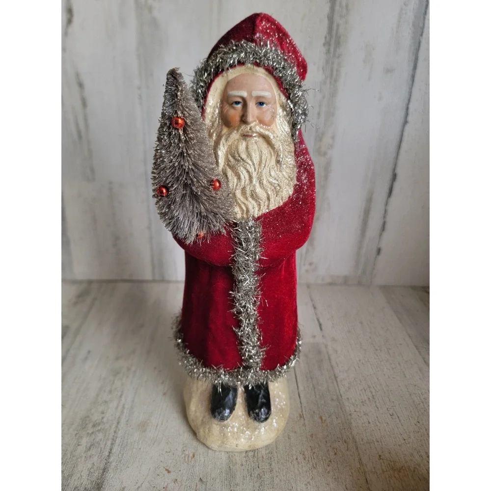 Vintage victorian tinsel Santa Claus glitter figurine statue tree Xmas velvet